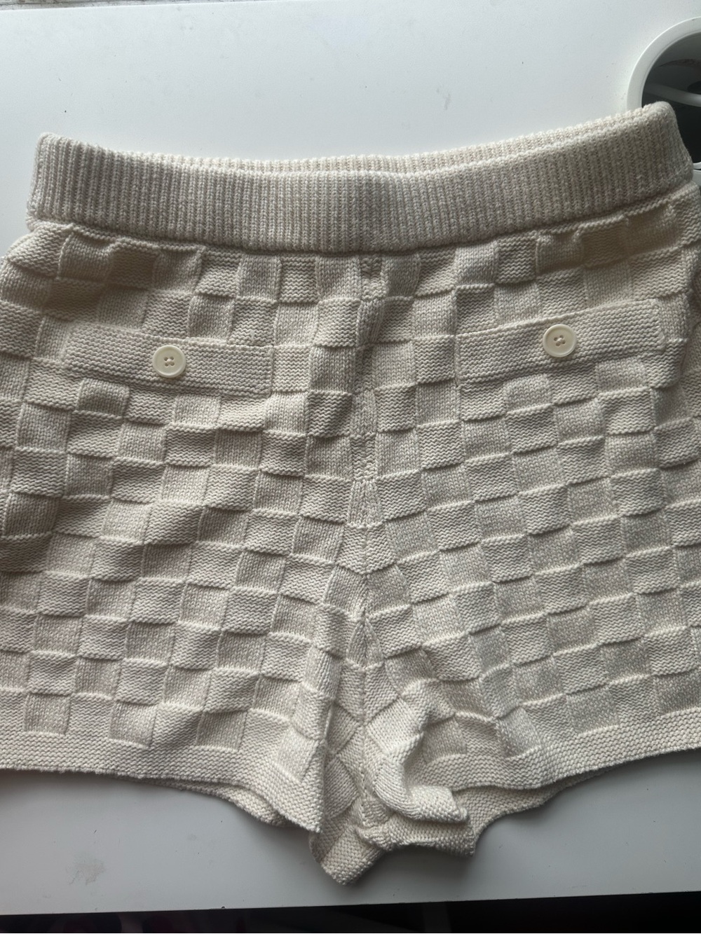 Reformation Cream Textured Knit High-Waist Shorts 100% Organic Cotton